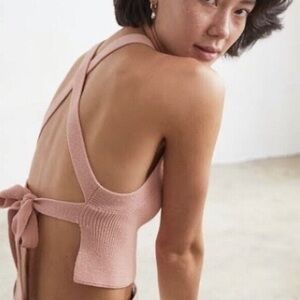 Aritzia Wilfred Knit Top Cropped Sweater Poetic Pink Size Small Tie Back Square‎
